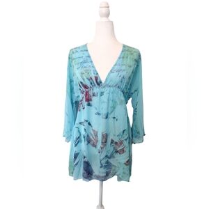 Daniel Benjamin Turquoise V-Neck Sheer Tunic Blouse Size Large